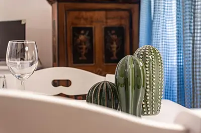 two green cactuses on a shelf with a wine glass at Porta Pia - cozy flat in Rome