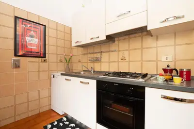 a kitchen with white cabinets and a black stove top oven at Casa Lucrezio Saint Peter's in Rome