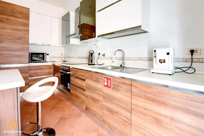 a kitchen with wooden cabinets and a sink at Lovely Apartment in Rome - Volturno in Rome