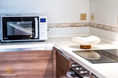 a kitchen with a microwave and a white bowl on a counter at Lovely Apartment in Rome - Volturno in Rome