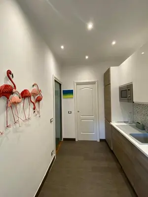 a kitchen with two flamingos on the wall at Casa Tua a Roma Centro con box auto tra Stadio Olimpico e Vaticano in Rome