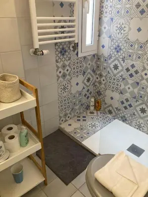a bathroom with a shower with blue and white tiles at Garbatella Garden Home in Rome