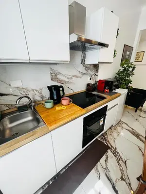 a kitchen with white cabinets and a sink at Escape to the Eternal City Vatican Stay in Rome