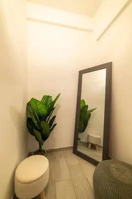 a mirror in a room with a stool and a plant at Smart Home - Trilocale con Parcheggio Privato in Rome