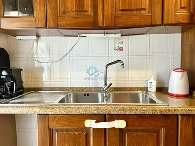 a kitchen with a stainless steel sink and wooden cabinets at Typical Grandma's Roman Apartment in Rome