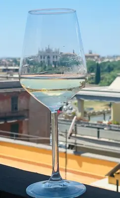 a glass of wine sitting on a table in front of a window at Casa Roma San Giovanni in Rome