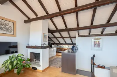 a living room with a fireplace and wooden ceilings at Valeria Terrace - Monti, Rome in Rome