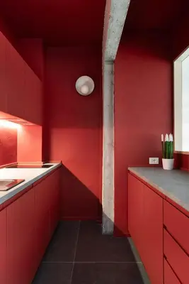 a kitchen with red cabinets and a red wall at Vatican Loft - Musei Vaticani in Rome