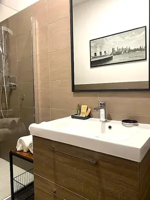 a bathroom with a white sink and a shower at Maison Adelaide in Rome