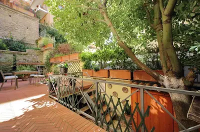 a patio with a tree and a fence with plants at Vatican Luxury Apt with Garden in Rome