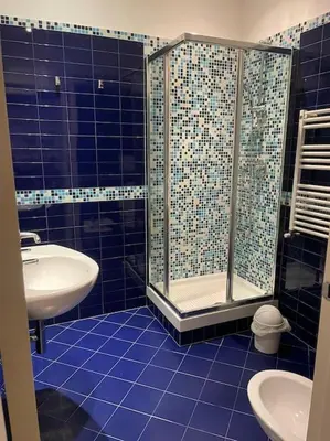 a blue tiled bathroom with a shower and a sink at Roma Termini Barbara House in Rome