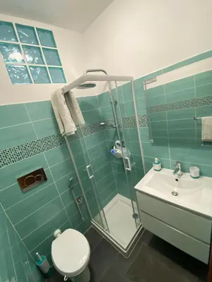 a bathroom with a shower and a toilet and a sink at Malu's house in Rome