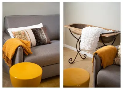 two pictures of a couch and a yellow stool at Testaccio Design Apartment Rome in Rome