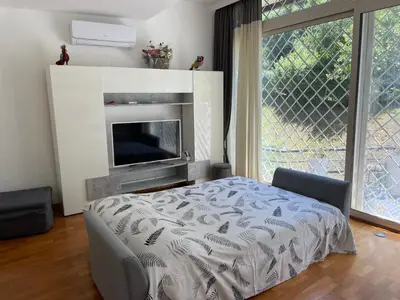 a living room with a bed and a fireplace at Loft 643 in Rome