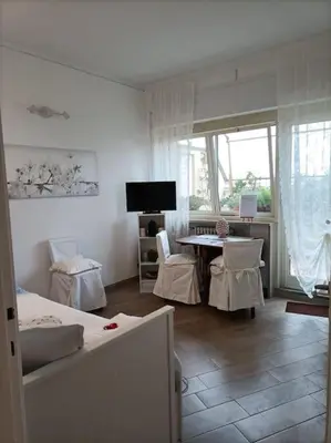 a room with two beds and a table and a television at Le Buganville in Rome