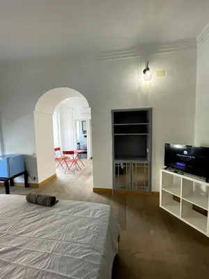 a bedroom with a bed and a flat screen tv at Giulia Mesa Suites in Rome