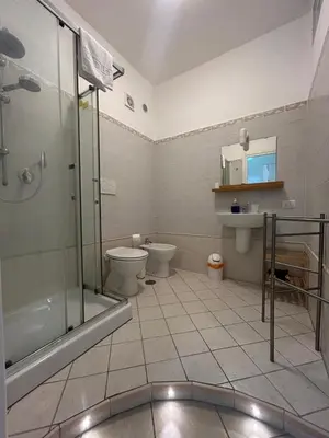 a bathroom with a shower and a toilet and a sink at Peppe's Bed in Rome