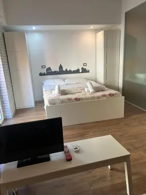 a bedroom with a bed and a table with a tv at St Peter apartment - Sister's Place in Rome