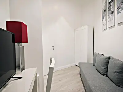 a living room with a couch and a flat screen tv at Velvet Trastevere Apartment in Rome
