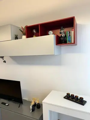 a room with a desk with a monitor and a shelf at Vatican R(h)ome in Rome