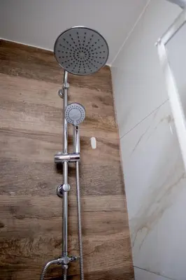 a shower in a bathroom next to a wooden floor at Fornaci 8 - Loft in Vatican in Rome