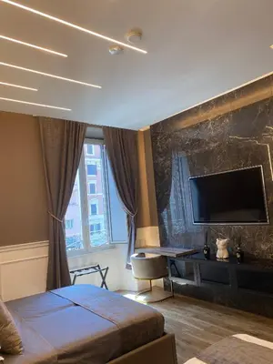 a bedroom with a bed and a desk and a tv at Lary's - Vaticano in Rome