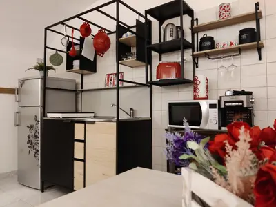 a kitchen with a counter and a refrigerator at Casa ZOE in Rome