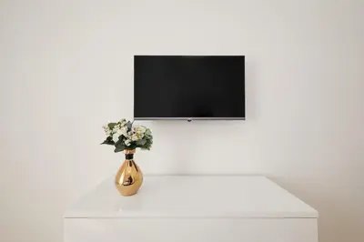 a vase with flowers on a white table with a tv at 20 Minuti Vaticano - Nido Romano Shopping Folkoristico by Hôtea in Rome