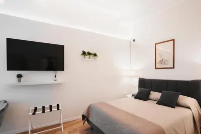 a bedroom with a bed and a flat screen tv at PAX apartment in Rome