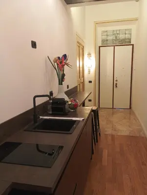 a kitchen with a sink and a vase of flowers on the counter at QUIRINALE 56 suite in Rome