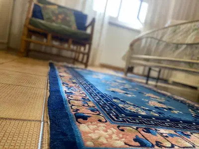 a blue rug on the floor next to a bench at Room near San Pietro and Vaticano in Rome