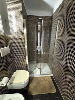 a bathroom with a shower and a toilet and a sink at Monti Central in Rome