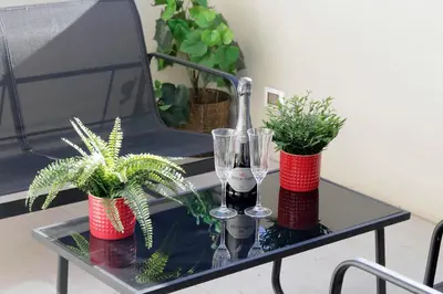 a glass table with two wine glasses and potted plants at 100m dal Vaticano Oasi Luxury 2 Terraces in Rome
