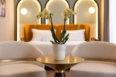 a vase with flowers on a table in a hotel room at Je Rome Hotel in Rome