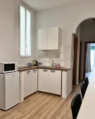 a kitchen with white cabinets and a sink and a microwave at Lilia Charming Flat in Rome
