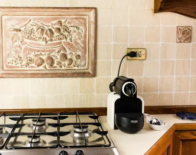a kitchen counter with a stove and a picture on the wall at Richard & Lulù in Rome in Rome