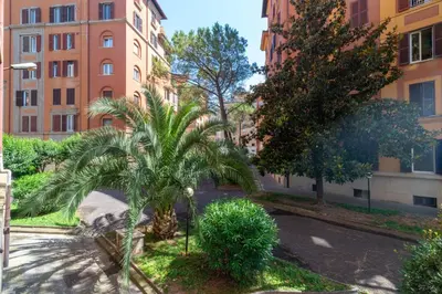 a palm tree in front of some tall buildings at Casa Barbieri boutique apartment Flaminio in Rome