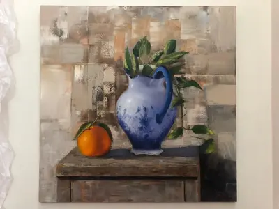 a painting of a blue vase and an orange at Giancarla Luxury Apartment Rome San Lorenzo - Termini in Rome