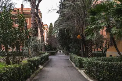 an empty street with palm trees and a building at New apartment near Piazza del Popolo in Rome
