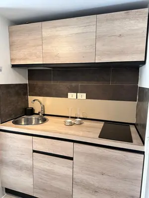 a kitchen with wooden cabinets and a sink at Pietro's Central Apartament in Rome