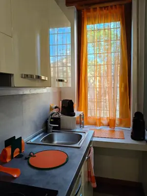 a kitchen with a sink and a window at Roma Eur - OrangeVibes Loft in Rome