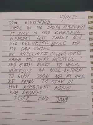 a letter to my mom thanking me for the job at Domus Mariposa in Rome