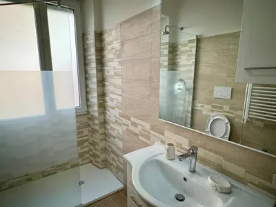 a bathroom with a sink and a mirror and a shower at Premium One-Bedroom Apartment plus sofa bed, Near Vatican - newly renovated in Rome