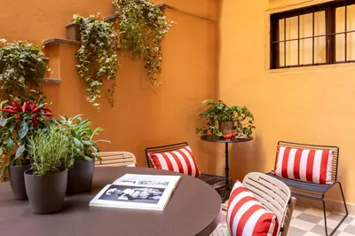 a patio with a table and chairs and plants at ROMAC Baullari IV Large apartment in Campo de' Fiori in Rome