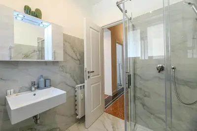 a bathroom with a sink and a shower at Appia Antica Park - Apartment with Terrace in Rome