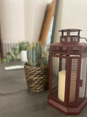 a small lantern sitting next to a basket with a cactus at San Lorenzo Private Apartment in Rome