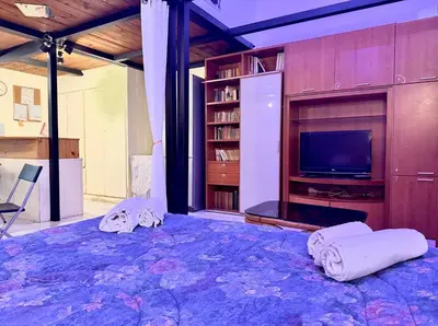 a bedroom with a large bed and a tv at L'atelier - mostra sospesa in Rome