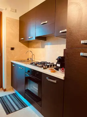 a kitchen with black cabinets and a stove top oven at My Suite in Vatican - big terrace in Rome