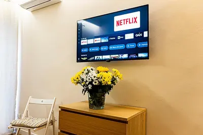 a vase of flowers on a table with a tv at Dave's Home In Trastevere in Rome
