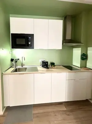 a kitchen with white cabinets and a sink and a microwave at Green House Rome in Rome